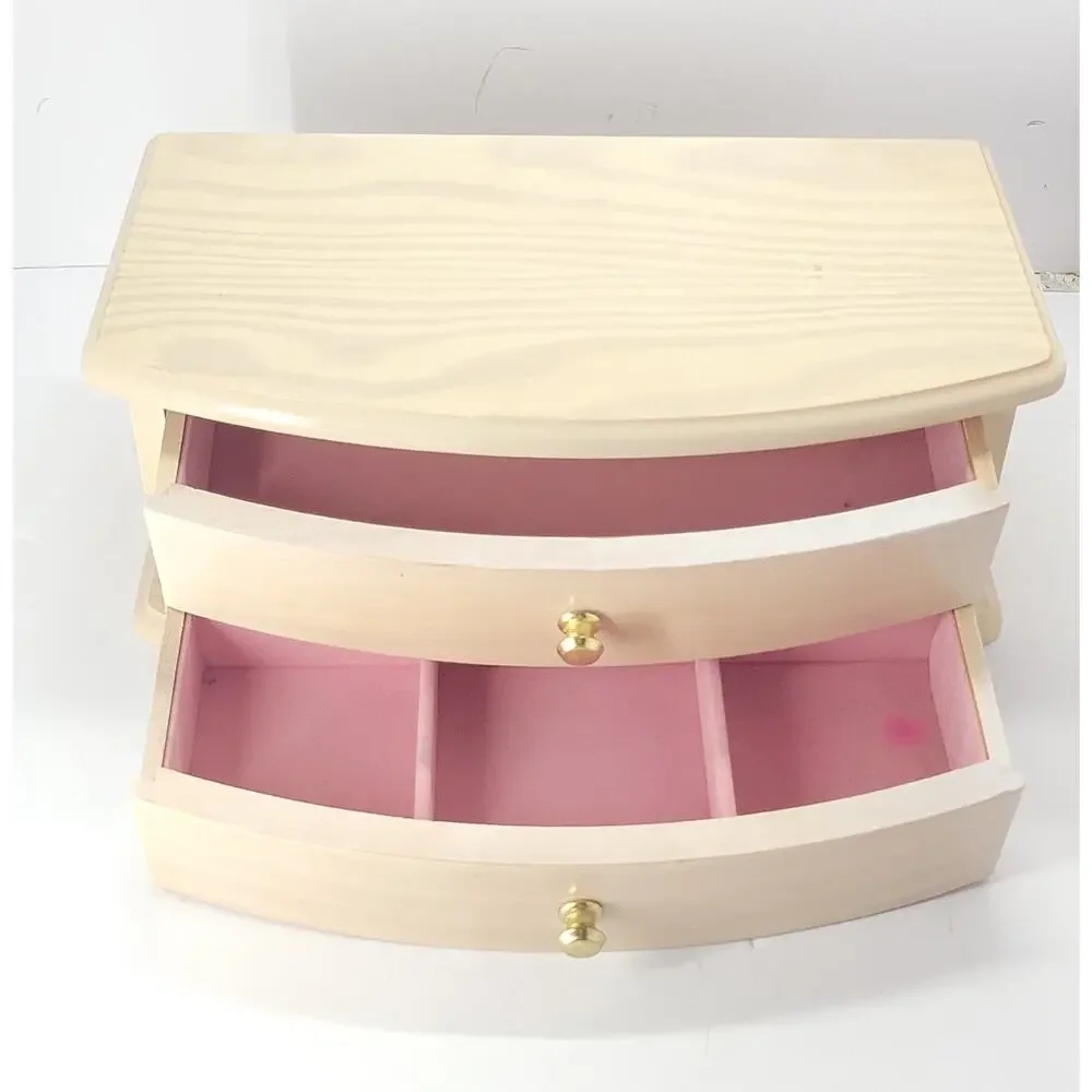 Wood Jewelry Box 2 Drawer Organizer Mirror Ring Storage Pink Lined Wooden Chest